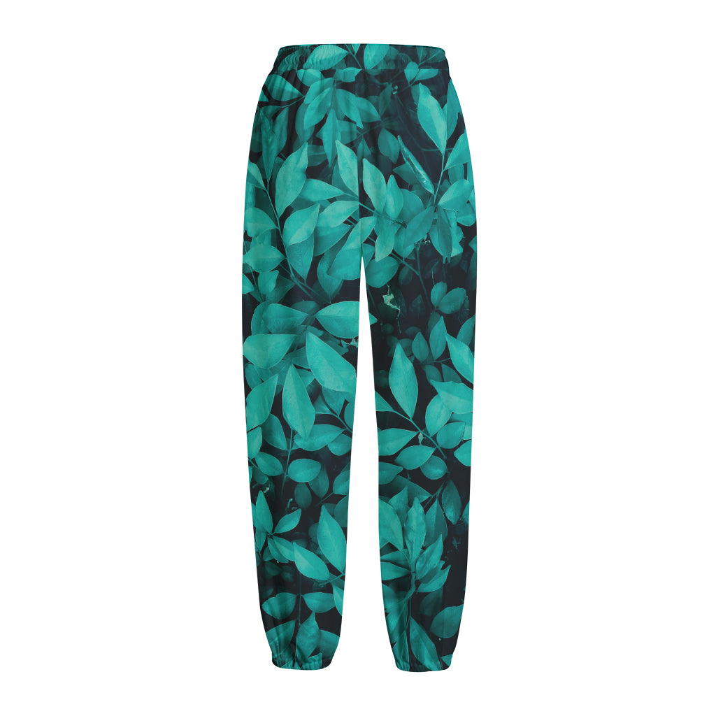 Turquoise Leaf Print Fleece Lined Knit Pants