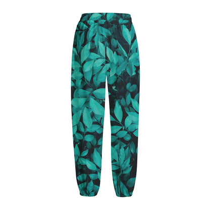 Turquoise Leaf Print Fleece Lined Knit Pants