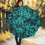Turquoise Leaf Print Foldable Umbrella