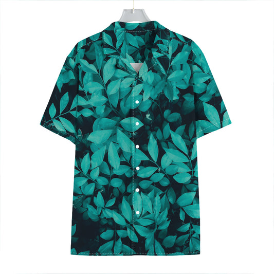 Turquoise Leaf Print Hawaiian Shirt