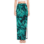 Turquoise Leaf Print High Slit Maxi Skirt