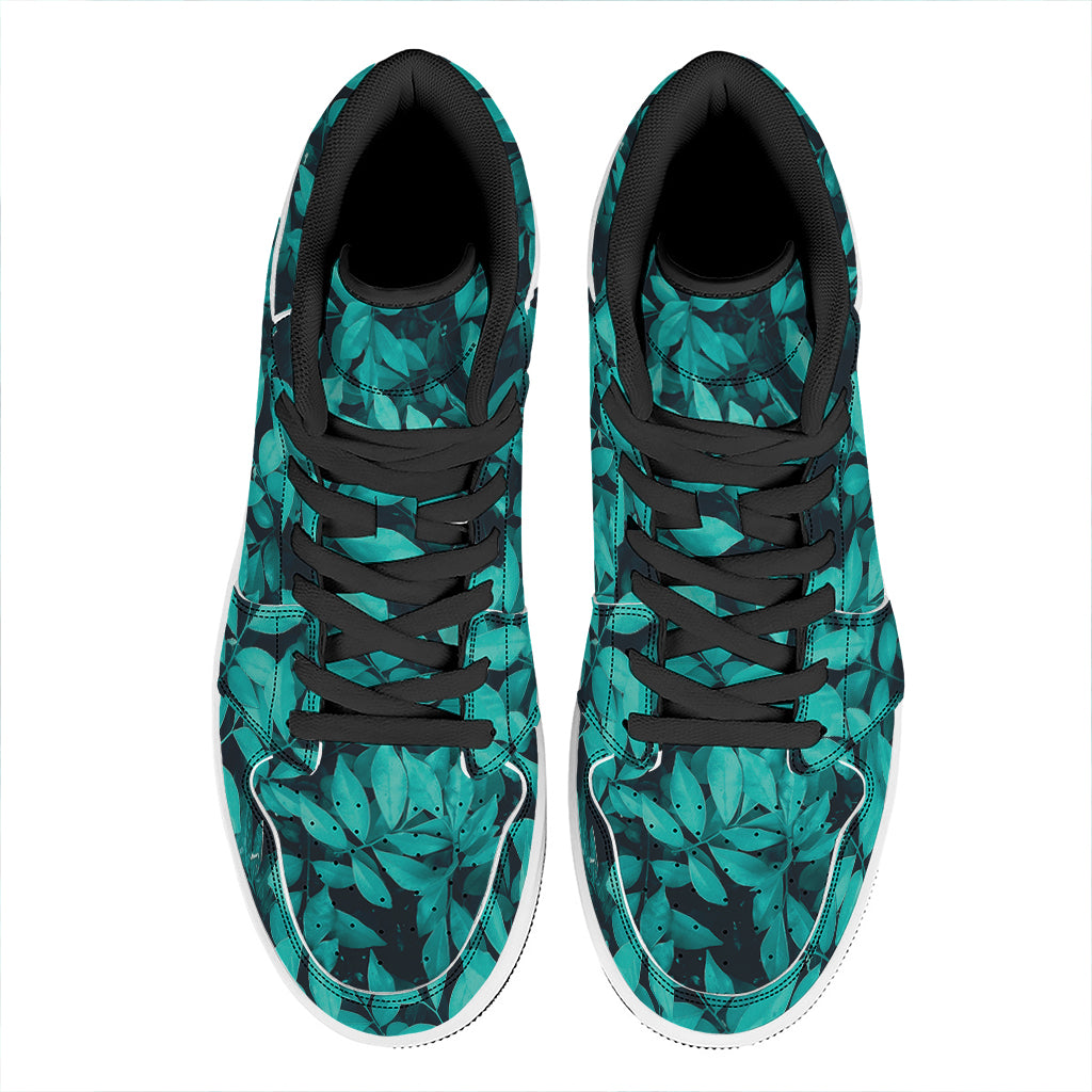 Turquoise Leaf Print High Top Leather Sneakers
