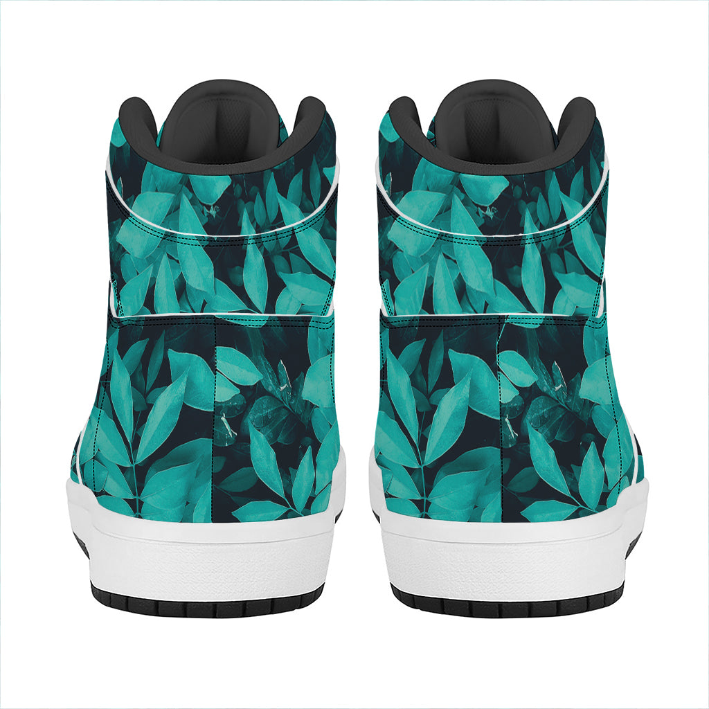 Turquoise Leaf Print High Top Leather Sneakers