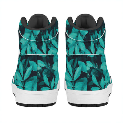Turquoise Leaf Print High Top Leather Sneakers