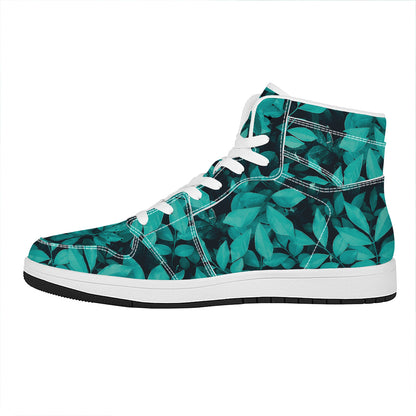 Turquoise Leaf Print High Top Leather Sneakers