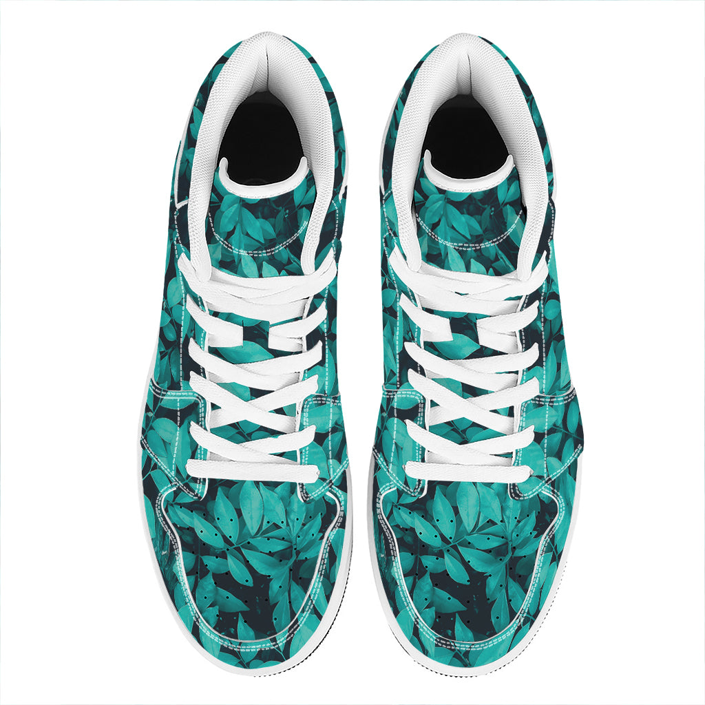 Turquoise Leaf Print High Top Leather Sneakers