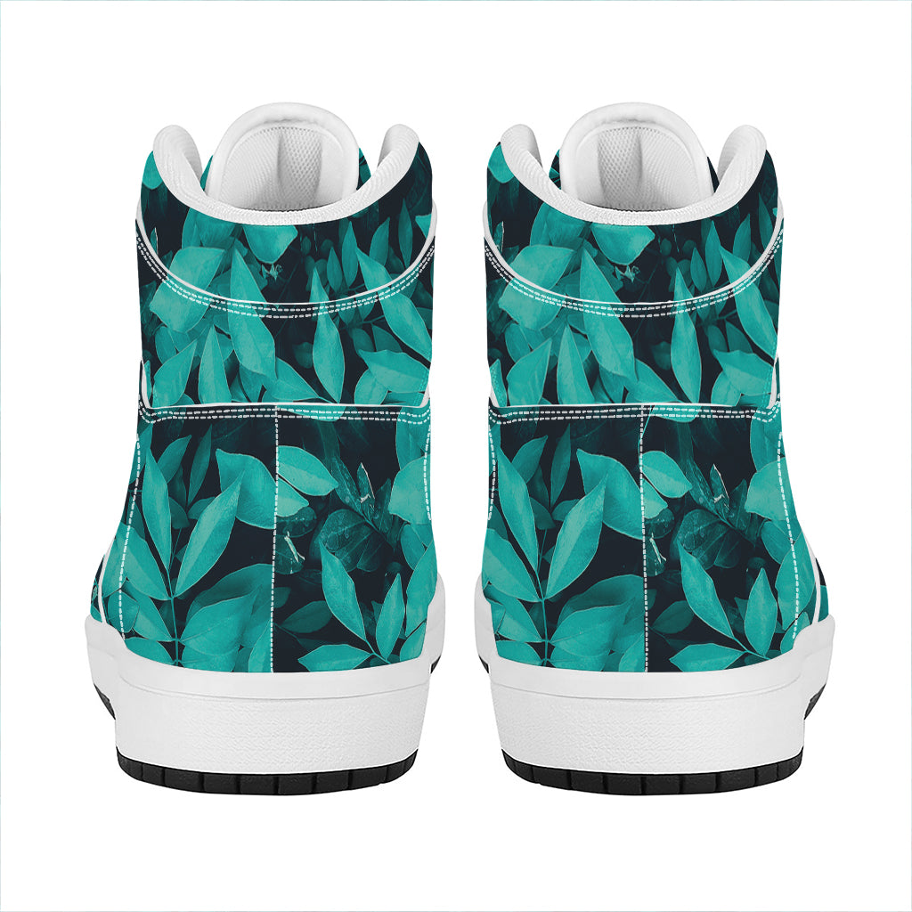 Turquoise Leaf Print High Top Leather Sneakers