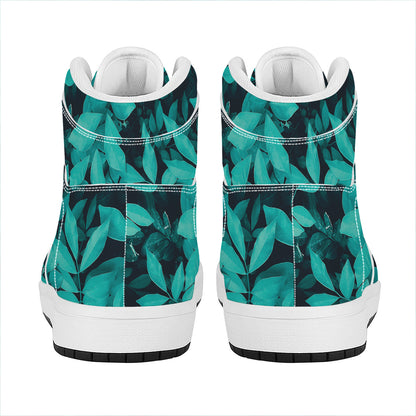 Turquoise Leaf Print High Top Leather Sneakers