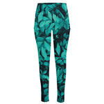 Turquoise Leaf Print High-Waisted Pocket Leggings