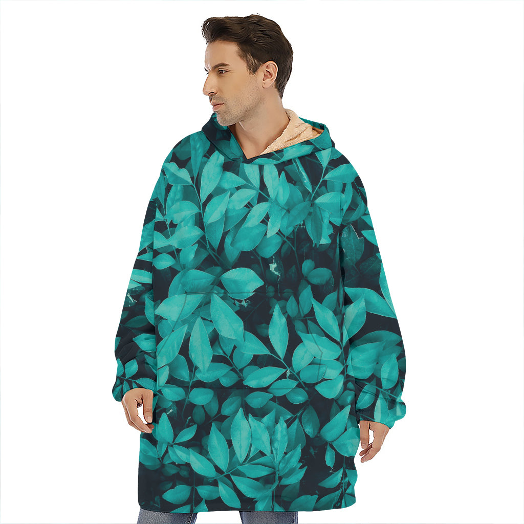 Turquoise Leaf Print Hoodie Blanket
