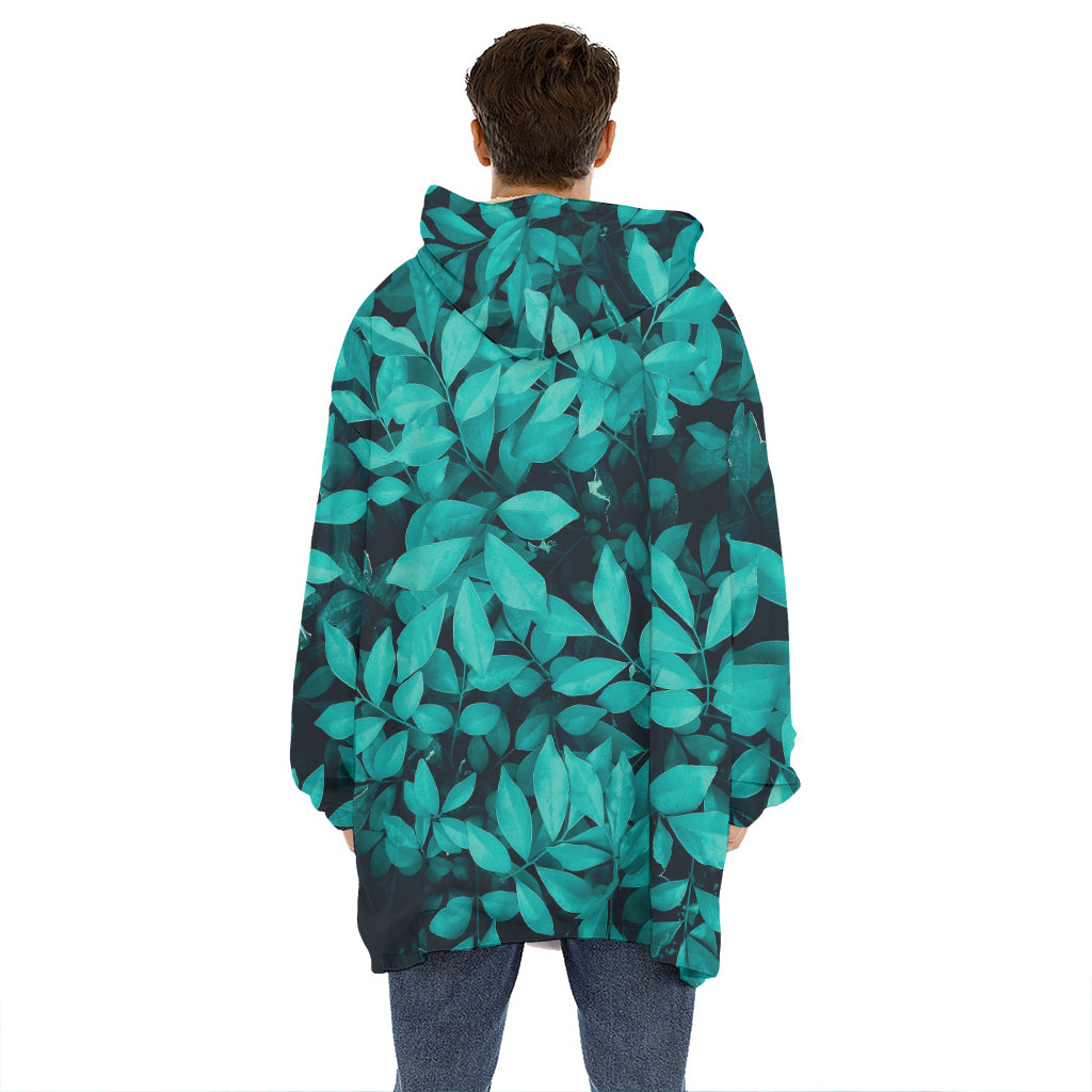 Turquoise Leaf Print Hoodie Blanket