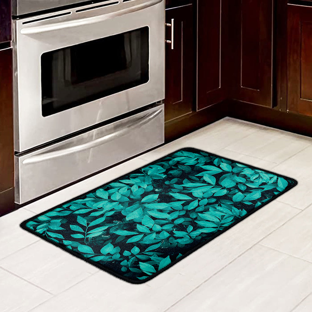 Turquoise Leaf Print Kitchen Mat