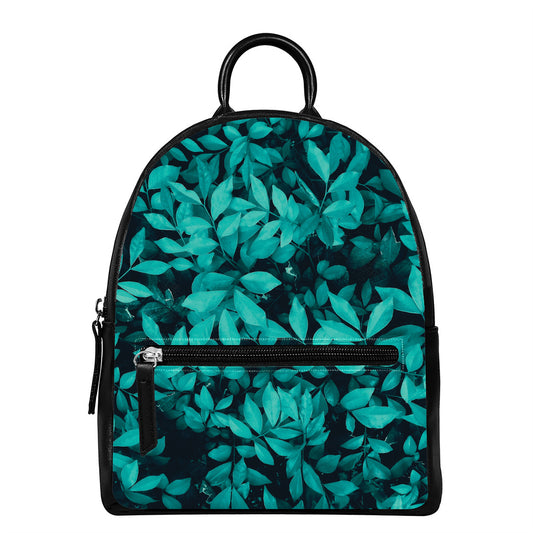 Turquoise Leaf Print Leather Backpack