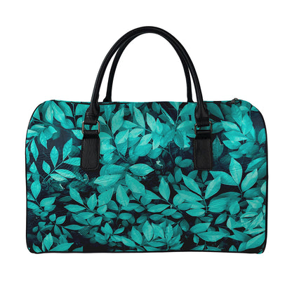 Turquoise Leaf Print Leather Duffle Bag