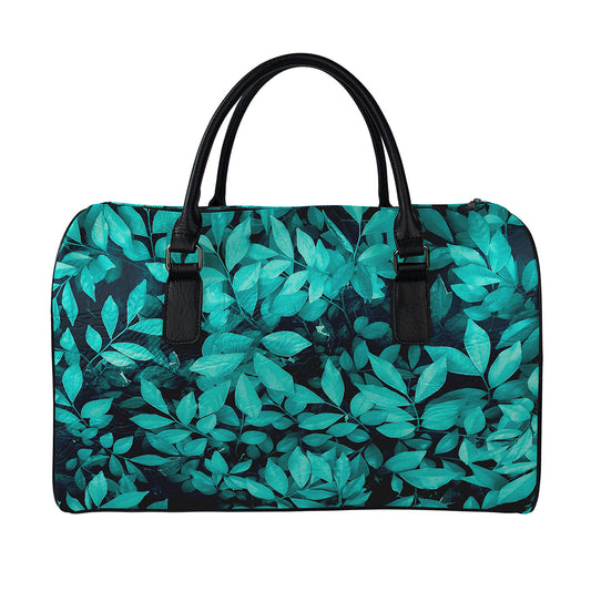 Turquoise Leaf Print Leather Duffle Bag