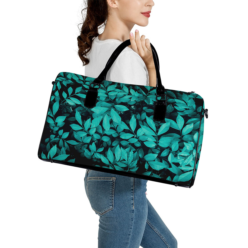 Turquoise Leaf Print Leather Duffle Bag