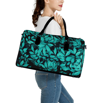 Turquoise Leaf Print Leather Duffle Bag