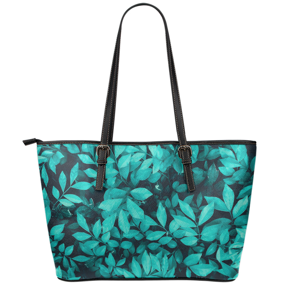 Turquoise Leaf Print Leather Tote Bag