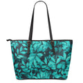 Turquoise Leaf Print Leather Tote Bag With Zipper