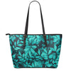 Turquoise Leaf Print Leather Tote Bag