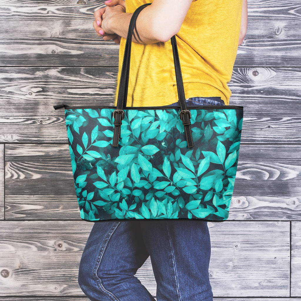 Turquoise Leaf Print Leather Tote Bag