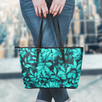 Turquoise Leaf Print Leather Tote Bag