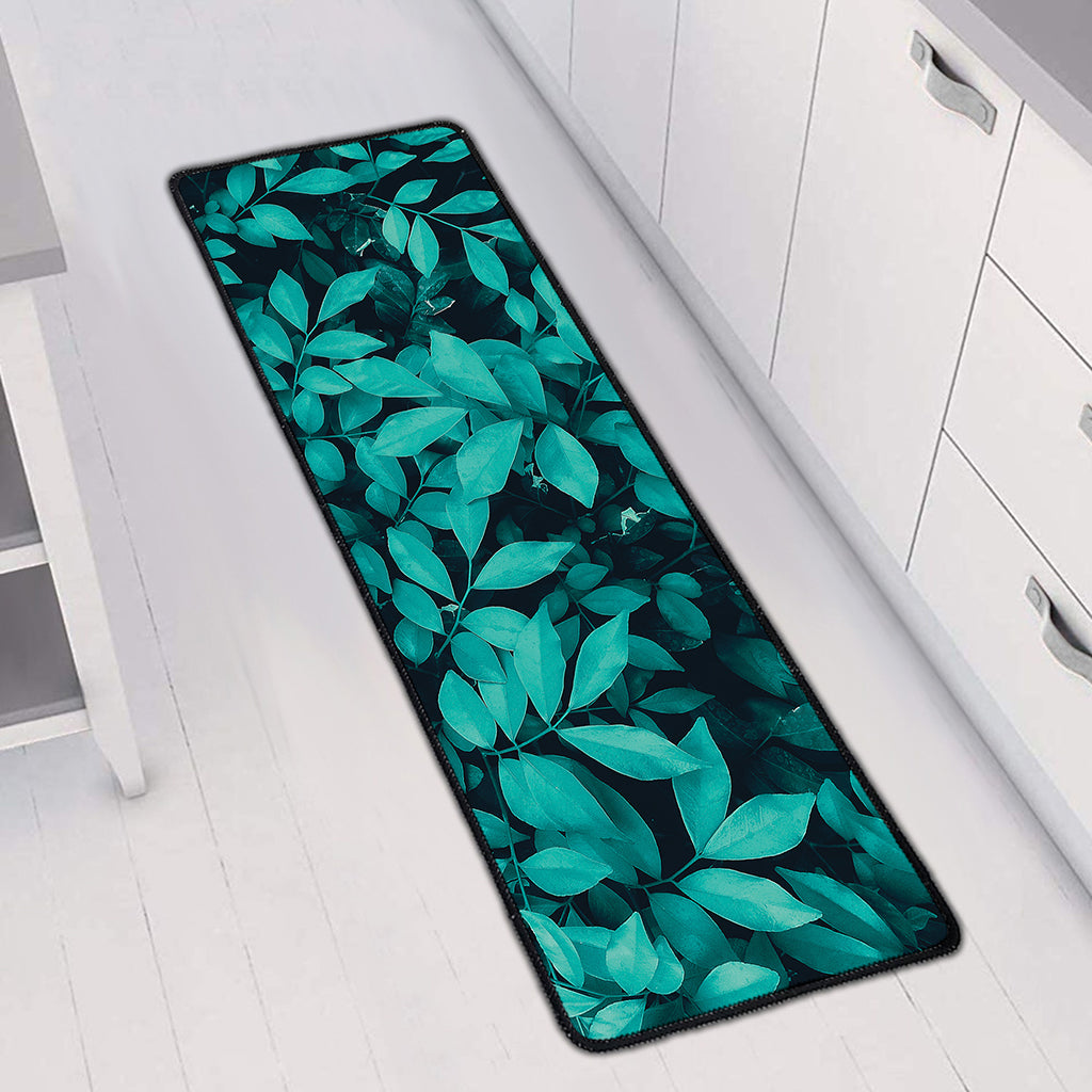 Turquoise Leaf Print Long Kitchen Mat