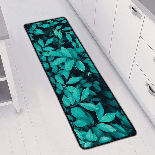 Turquoise Leaf Print Long Kitchen Mat