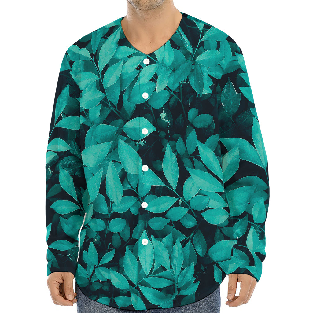 Turquoise Leaf Print Long Sleeve Baseball Jersey