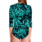 Turquoise Leaf Print Long Sleeve Swimsuit