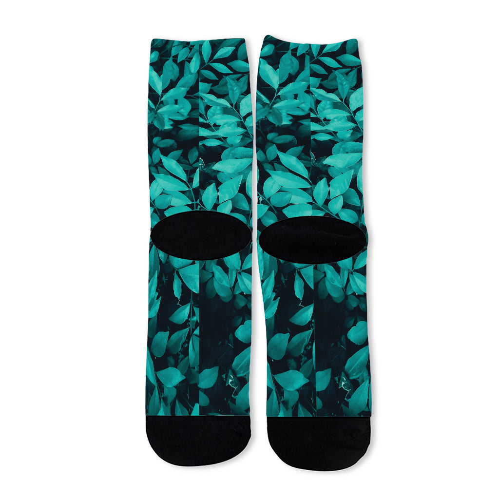 Turquoise Leaf Print Long Socks