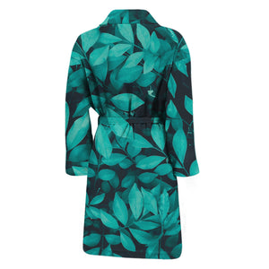 Turquoise Leaf Print Men's Bathrobe