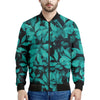 Turquoise Leaf Print Men's Bomber Jacket