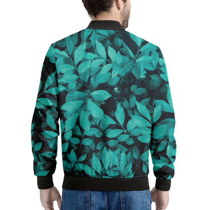 Turquoise Leaf Print Men's Bomber Jacket