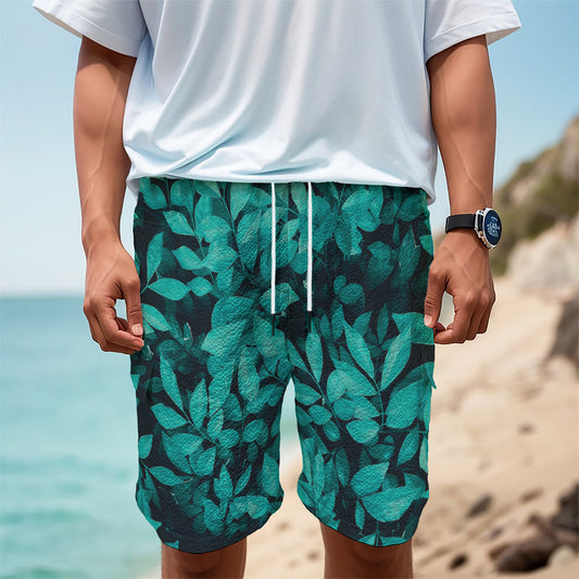 Turquoise Leaf Print Men's Cargo Shorts