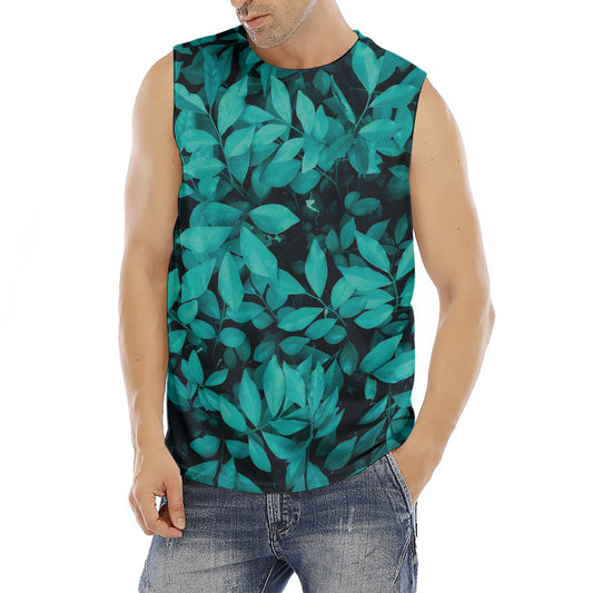 Turquoise Leaf Print Men's Fitness Tank Top