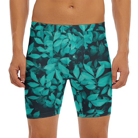 Turquoise Leaf Print Men's Long Boxer Briefs