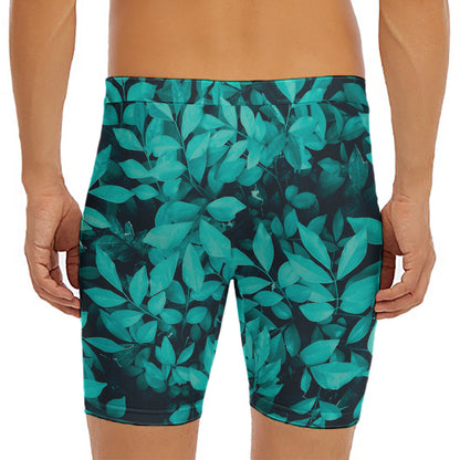 Turquoise Leaf Print Men's Long Boxer Briefs
