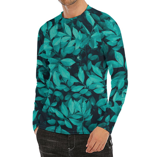 Turquoise Leaf Print Men's Long Sleeve Rash Guard