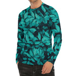 Turquoise Leaf Print Men's Long Sleeve Rash Guard