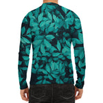Turquoise Leaf Print Men's Long Sleeve Rash Guard