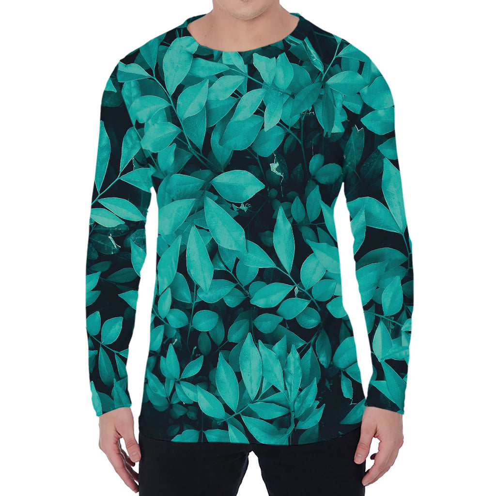 Turquoise Leaf Print Men's Long Sleeve T-Shirt