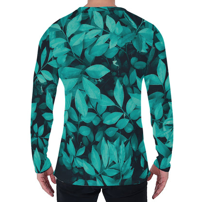 Turquoise Leaf Print Men's Long Sleeve T-Shirt