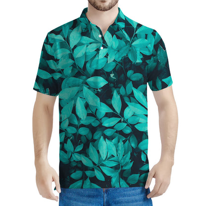 Turquoise Leaf Print Men's Polo Shirt
