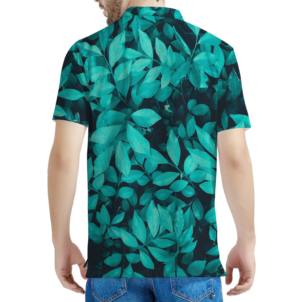 Turquoise Leaf Print Men's Polo Shirt