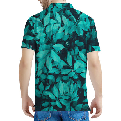 Turquoise Leaf Print Men's Polo Shirt