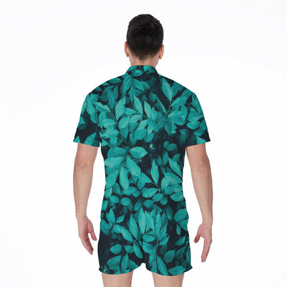 Turquoise Leaf Print Men's Rompers