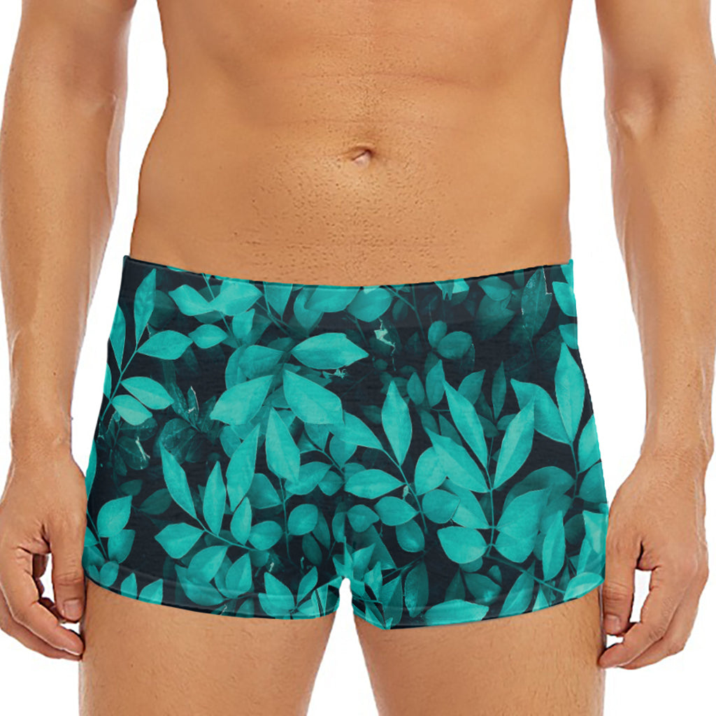 Turquoise Leaf Print Men's Short Boxer Briefs