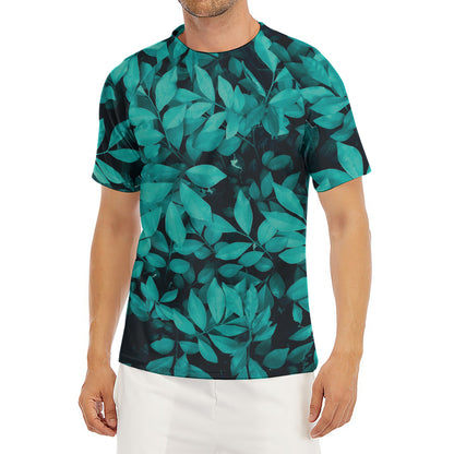 Turquoise Leaf Print Men's Short Sleeve Rash Guard