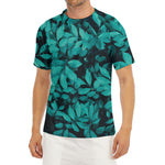 Turquoise Leaf Print Men's Short Sleeve Rash Guard